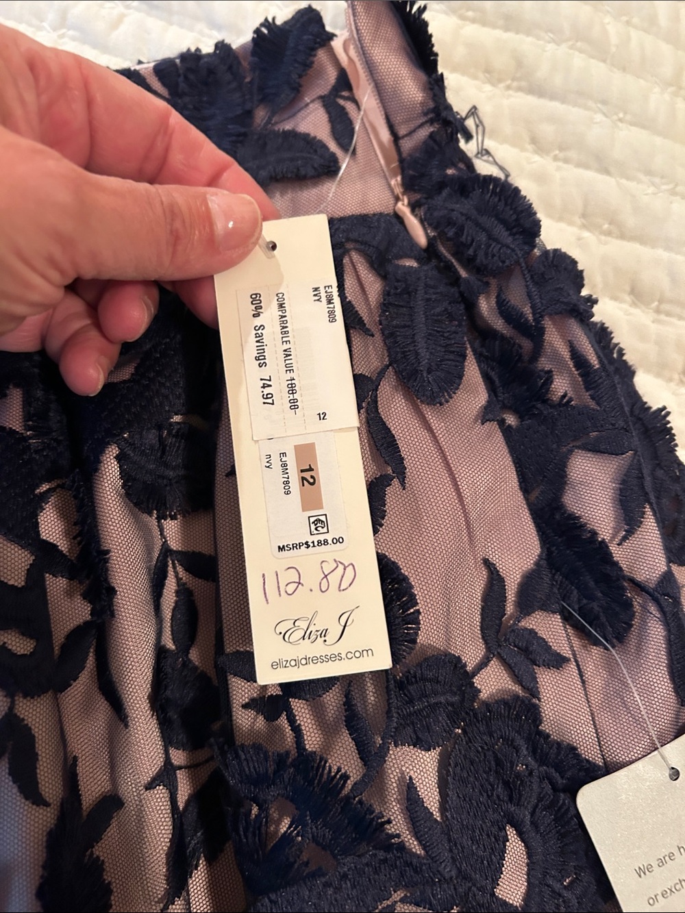 Eliza J Navy Floral Appliqué Skirt with Blush Lining - Picture 3 of 9